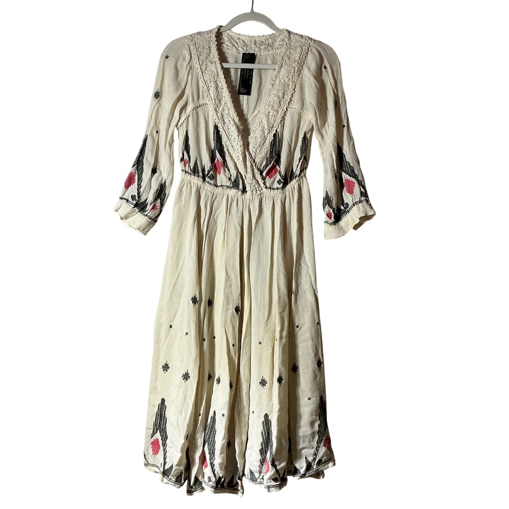 FP New Romantics Boho Gypsy Ikat Crochet Lace Gauze Trim Boho Midi Dress XS/TP